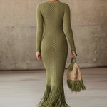 24-Hour-Shipping Olive Green Knit Fringe Hem Bodycon Maxi Dress