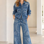 Vintage Paisley Print Denim Shirt and Wide-Leg Pants Set