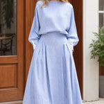 Women's Striped Boat Neck Blouson Maxi Dress with Contrast Cuffs