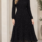 Women's Micro Dot Print Long Sleeve Midi Dress Elegant A-Line Pleated Hem Dress