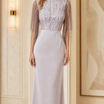 Sequin Beaded Fringe Mock Neck Maxi Evening Gown with Lace-Up Back