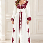 Embroidered Moroccan Kaftan V-Neck Belted Maxi Dress