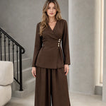 Women's Elegant Wrap Front Button Accent Blazer Top and Wide Leg Pants Two-Piece Set