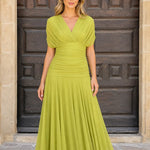 Elegant V-Neck Ruched Midi Dress with Pleated Skirt