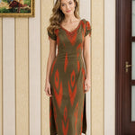 Beaded V-Neck Ikat Print Midi Dress with Ruched Sleeves