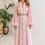 Embroidered Pleated Kaftan Maxi Dress with Embellished Belt
