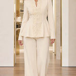 Floral Appliqué Peplum Blazer and Wide-Leg Pantsuit Set