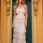 Elegance Tiered Beaded Strapless Maxi Dress