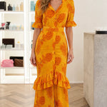 Paisley Print Belted Maxi Dress with Tiered Ruffle Hem and Flutter Sleeves