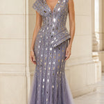 Mirrored Sequin Embellished Peplum Mermaid Evening Gown