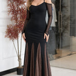 Cold-Shoulder Sheer Sleeve Mermaid Maxi Dress with Sparkle Inset Skirt