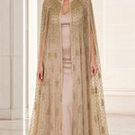 Beaded High-Neck Floor-Length Evening Cape Dress