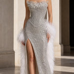 Strapless Embellished Sequin Maxi Evening Gown with Thigh Slit