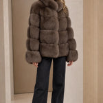 Stand Collar Paneled Faux Fur Plush Winter Jacket