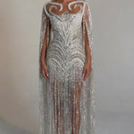 Luminous Beaded Fringe Cape Evening Gown