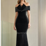 Off-the-Shoulder Pearl Embellished Fringe Hem Maxi Evening Dress