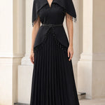 Elegant Beaded Capelet Pleated Maxi Evening Dress