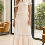 Women's Ribbed Short Sleeve Button Top and Tiered Maxi Skirt Set