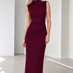 Sleeveless Mock Neck Ruched Glitter Maxi Dress