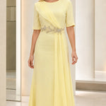 Elegant Beaded Waist Draped Short Sleeve Maxi Evening Dress