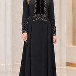 Velvet Trim Beaded Bodice Long Sleeve Maxi Dress