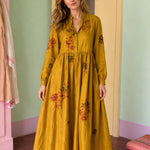Women's Long-Sleeve Embroidered Midi Dress with Button Front