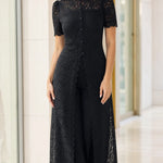Elegant Floral Lace Overlay Wide-Leg Pantsuit with High Neck & Short Sleeves