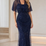 Beaded Flutter Sleeve Evening Gown Elegant Sparkle Maxi Dress