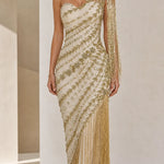 One-Shoulder Beaded Fringe Evening Gown