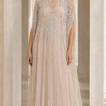High Neck Beaded Cape Evening Gown Elegant Embellished Formal Maxi Dress