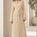 Elegant Pleated Shimmer Long Sleeve Maxi Dress with Waist Tie