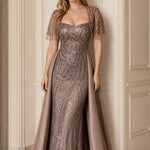 Sequin Beaded Evening Gown with Fringe Tassel Sleeves and Satin Overskirt Train