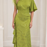 Embellished High-Neck Jacquard Maxi Dress with Flutter Sleeves and Cascade Ruffle