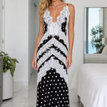 Polka Dot Lace Trim V-Neck Backless Maxi Dress