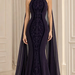 High Neck Embroidered Mermaid Evening Gown with Attached Cape