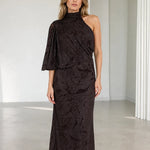 One-Shoulder High Neck Embellished Maxi Dress with Draped Flutter Sleeve