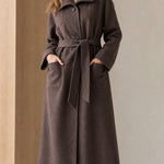 Women's Ribbed Knit Collar Longline Wool Blend Trench Coat with Belt
