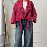 Women's Cropped Frayed Hem Denim Moto Jacket with Lapel Collar