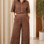 Women's Elegant Lace Button-Down Shirt and Wide-Leg Pants Set