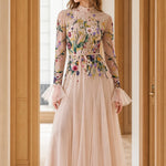 Floral Embroidered High-Neck Tulle Maxi Dress with Tiered Bell Sleeves