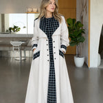 Contrast Plaid Trim Maxi Trench Coat with Buttoned Cuffs and Flap Pockets