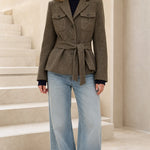 Women's Herringbone Belted Utility Blazer Jacket with Flap Pockets