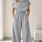 Women's Cowl Neck Short Sleeve Top and Wide Leg Sweatpants Loungewear Set
