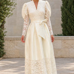Floral Lace Puff Sleeve Belted Satin Maxi Dress