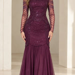 Square Neck Beaded Long Sleeve Mermaid Evening Gown