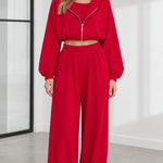 Women's 3-Piece Casual Cropped Zip Hoodie and Wide-Leg Lounge Set