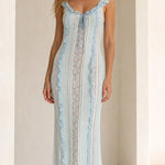 Women's Ruffled Lace Trim Maxi Dress with Lace-Up Back