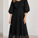 Floral Lace Puff Sleeve Scalloped Neck A-Line Midi Dress