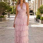 Halter Neck Ruched Bodice Tiered Sequin Tulle Maxi Evening Gown