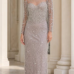 Elegant High-Neck Beaded Long Sleeve Evening Gown